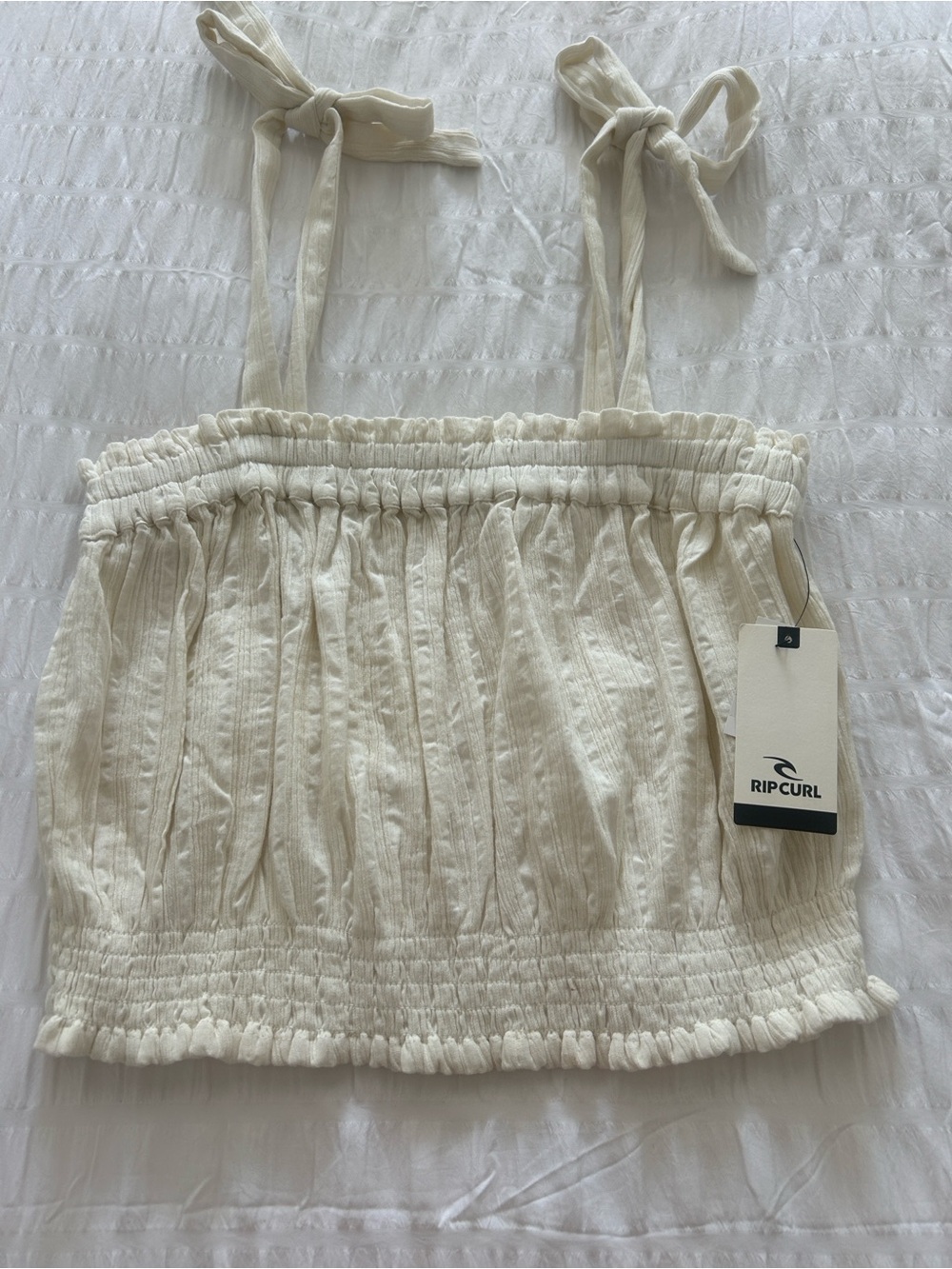 Rip Curl Cream Smocked Crop Top with Tie Straps